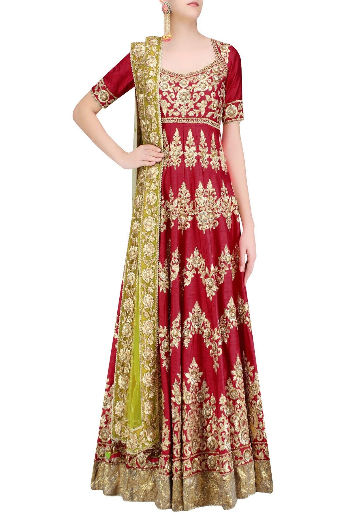 Red And Gold Gota Patti Embroidered Floral Motifs Anarkali Set - Preeti s kapoor