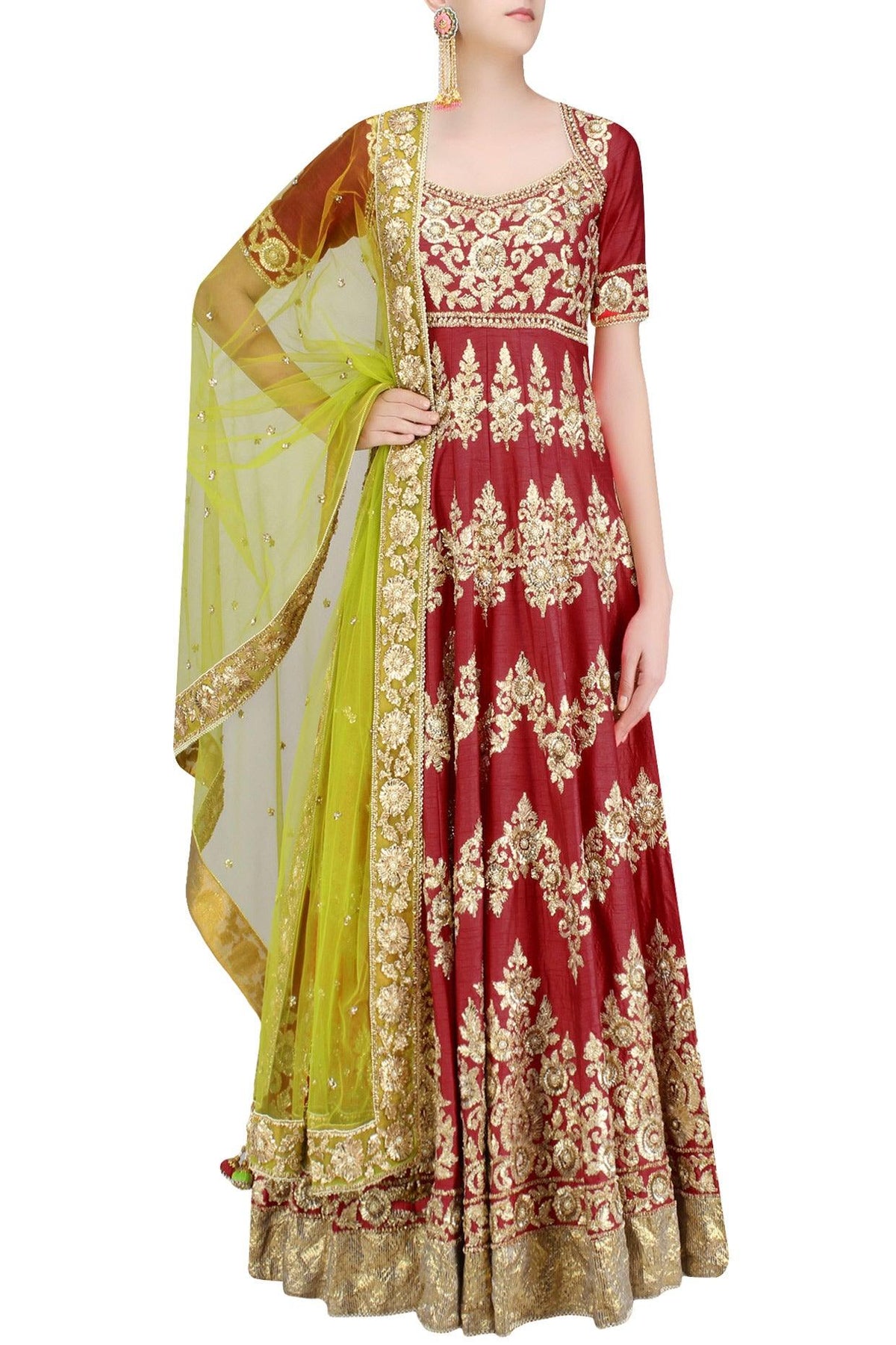 Red And Gold Gota Patti Embroidered Floral Motifs Anarkali Set - Preeti s kapoor