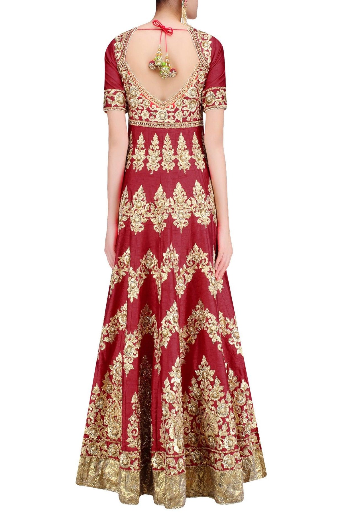 Red And Gold Gota Patti Embroidered Floral Motifs Anarkali Set - Preeti s kapoor