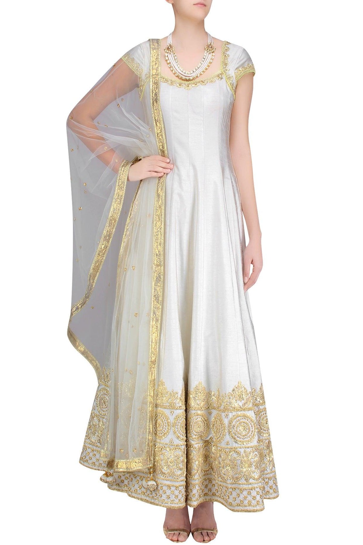 Ivory And Gold Gota Patti Embroidered Anarkali Set