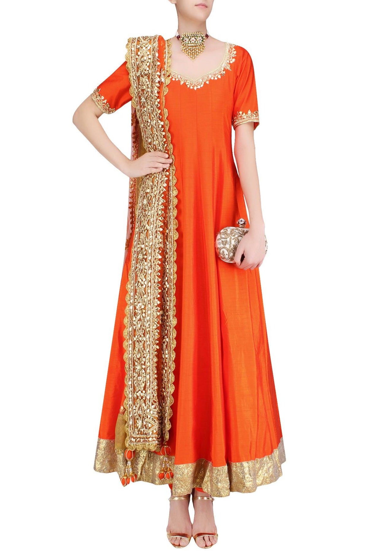 Orange Gota Patti And Sequins Embroidered Anarkali Set - Preeti s kapoor