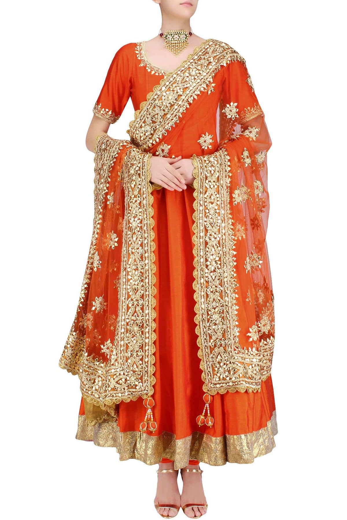 Orange Gota Patti And Sequins Embroidered Anarkali Set - Preeti s kapoor