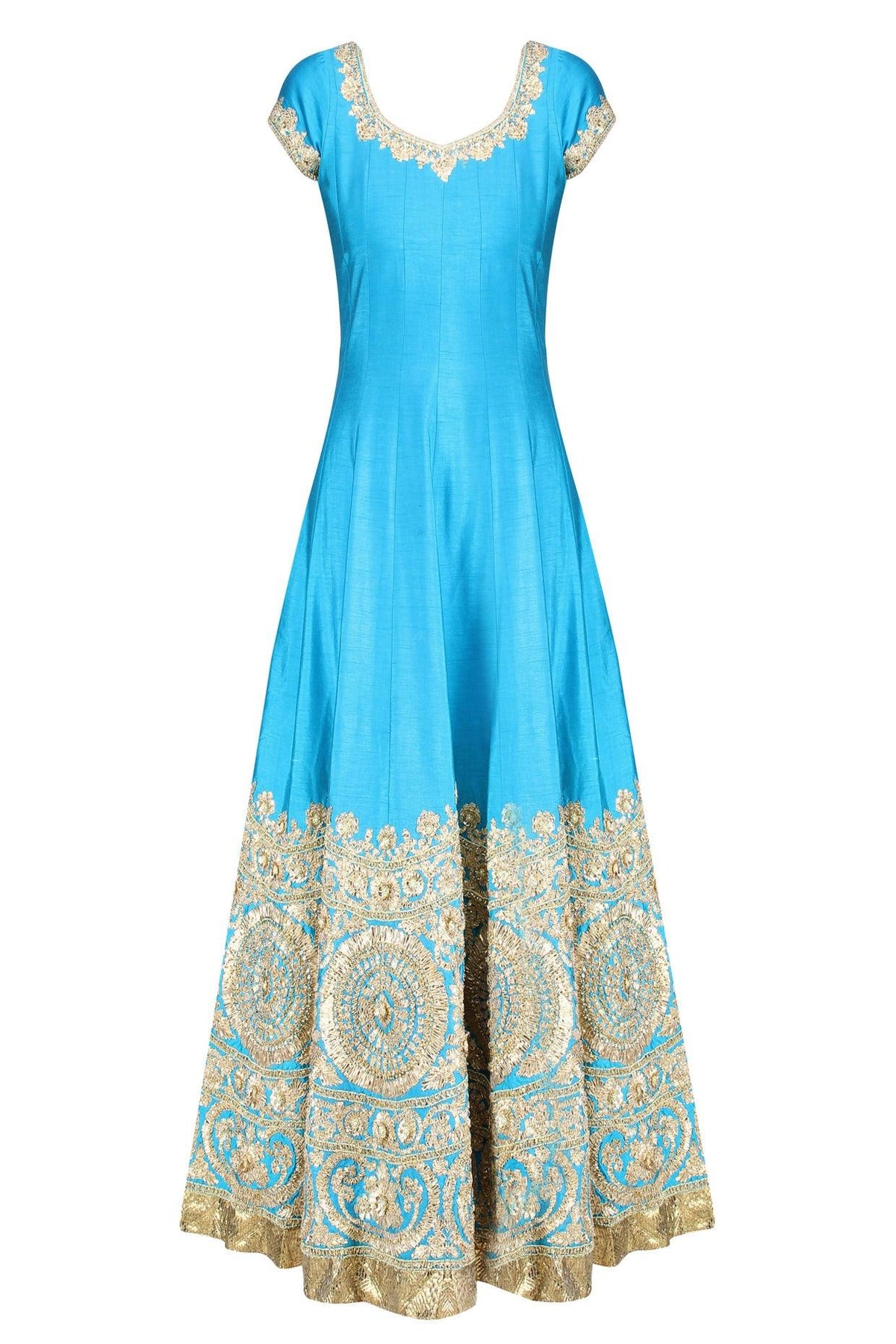 Turquoise Blue And Gold Gota Patti Embroidered Anarkali Set - Preeti s kapoor