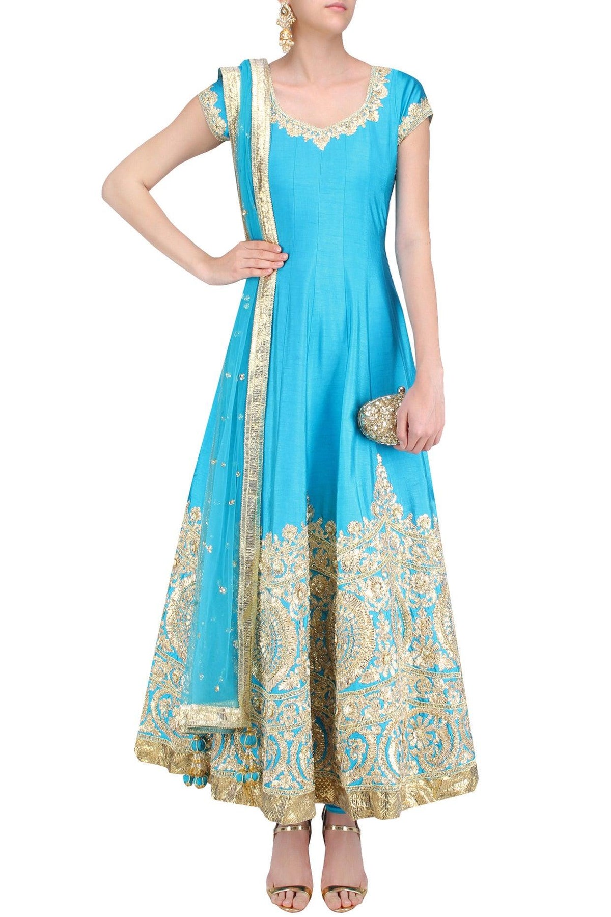 Turquoise Blue And Gold Gota Patti Embroidered Anarkali Set - Preeti s kapoor