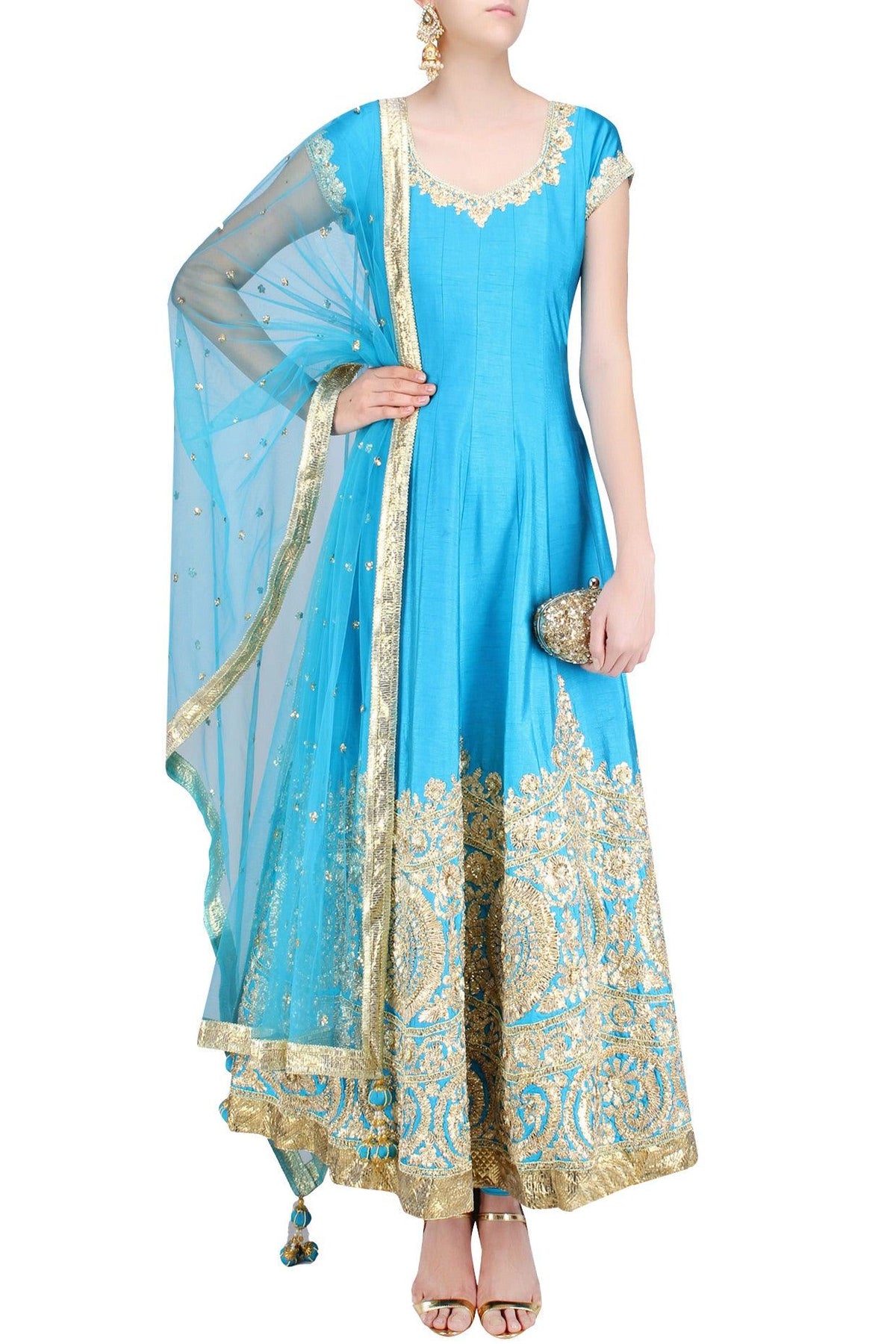 Turquoise Blue And Gold Gota Patti Embroidered Anarkali Set - Preeti s kapoor