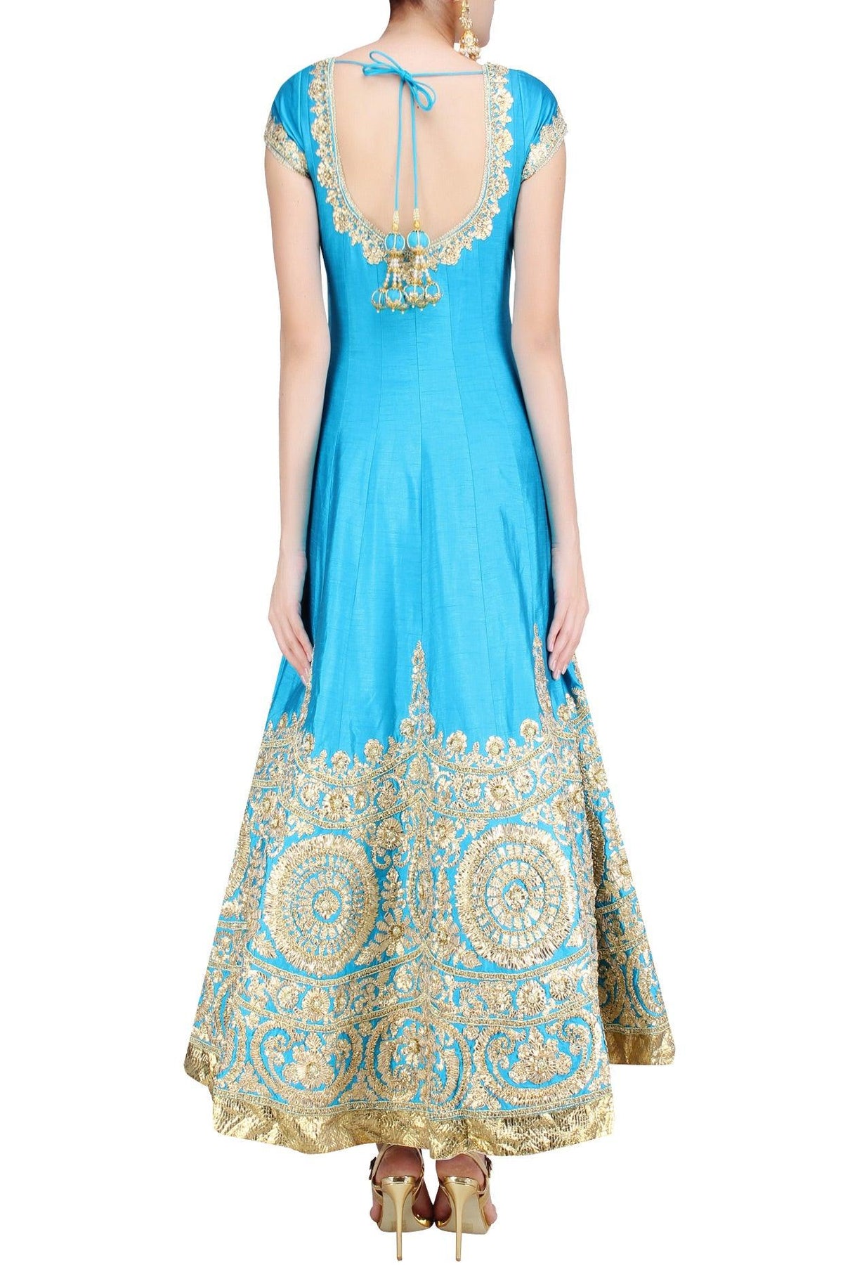 Turquoise Blue And Gold Gota Patti Embroidered Anarkali Set - Preeti s kapoor