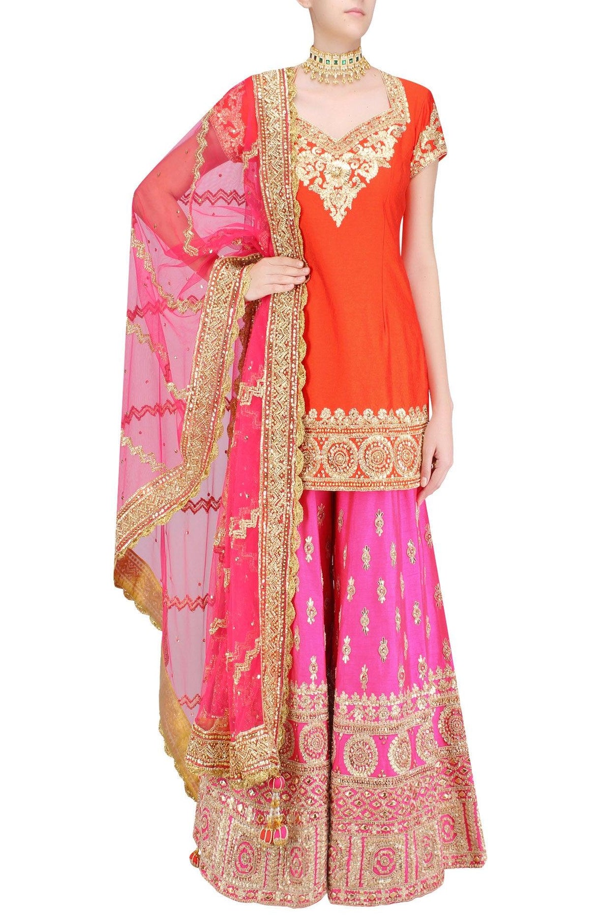 Orange Gota Patti Embroidered Kurta And Hot Pink Sharara Pants Set