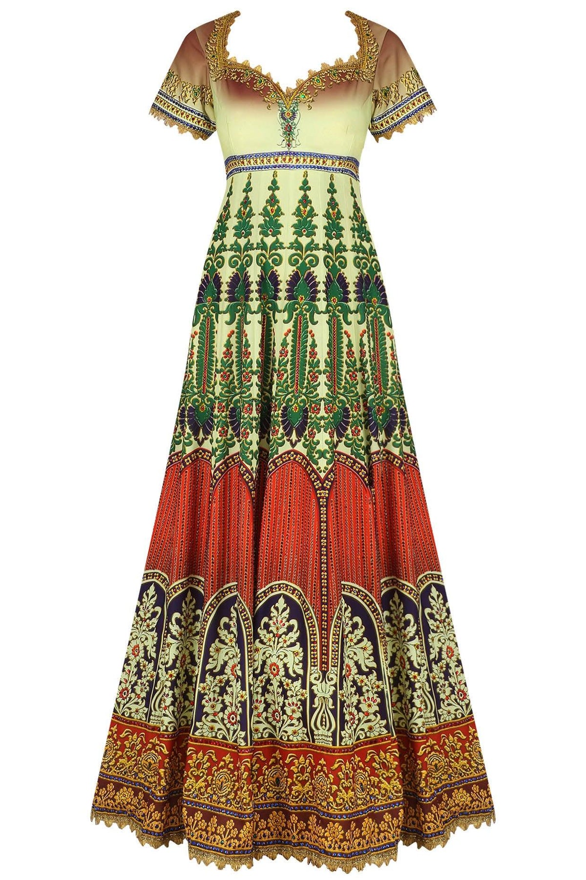 Red, Off White And Green Ombre Gota Embroidered Anarkali Set - Preeti s kapoor