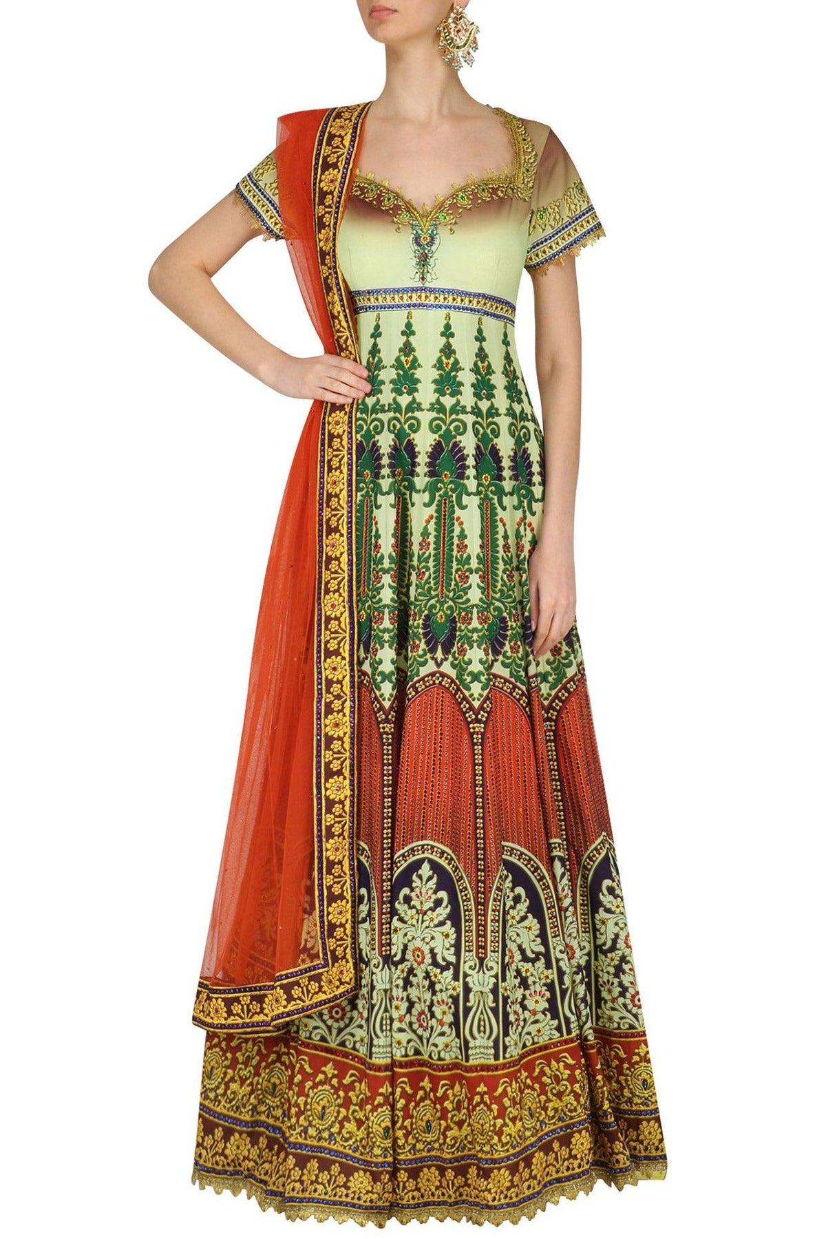 Red, Off White And Green Ombre Gota Embroidered Anarkali Set - Preeti s kapoor