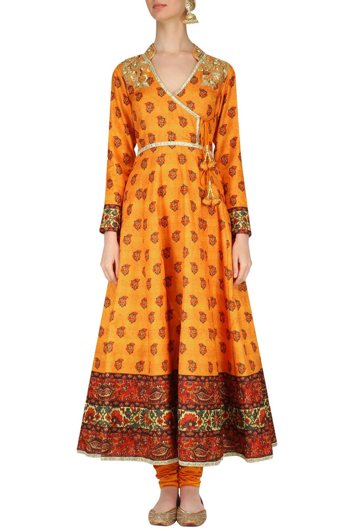 Mustard Printed Floor Length Angrakha Kurta