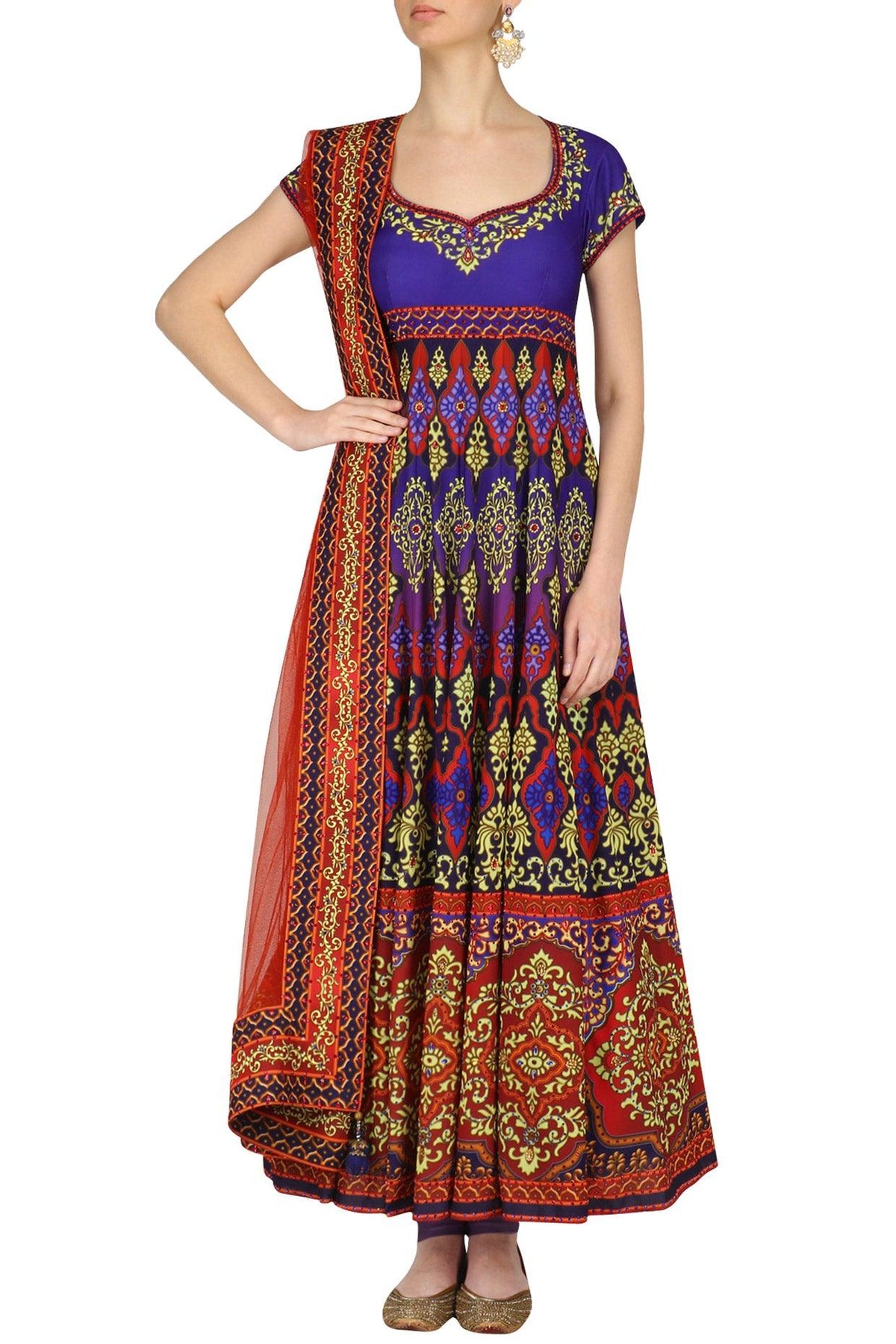 Purple And Red Swarovski Embellished Anarkali Set - Preeti s kapoor