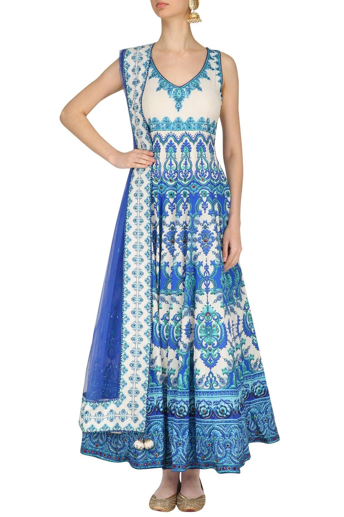 Blue And White Swarovski Embellished Anarkali Set - Preeti s kapoor