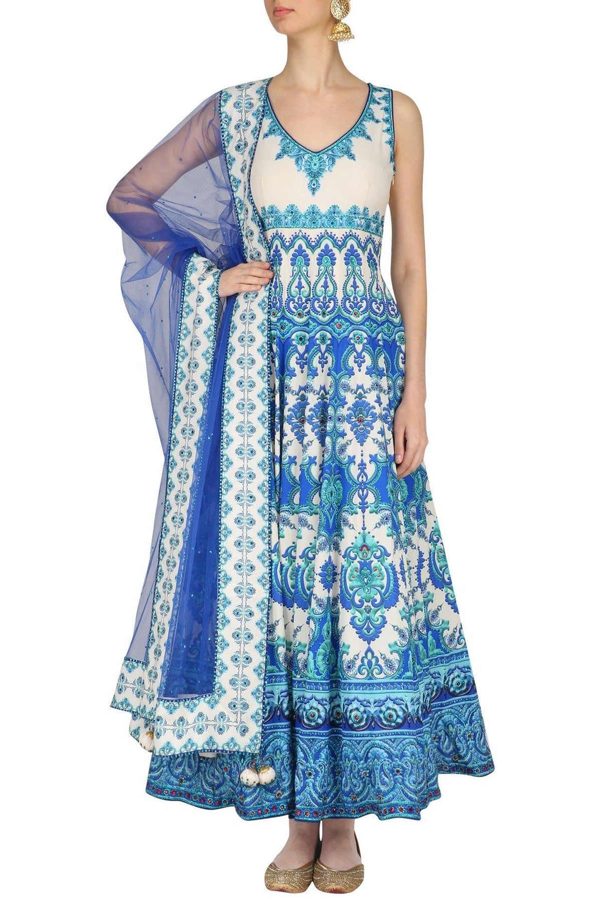 Blue And White Swarovski Embellished Anarkali Set - Preeti s kapoor