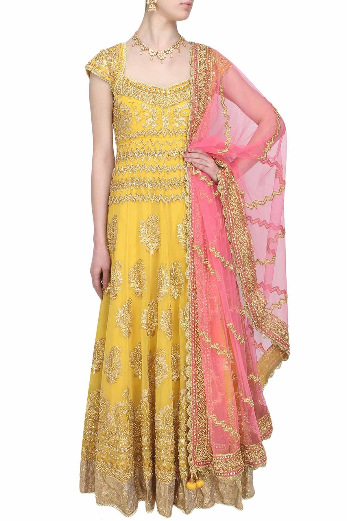 Yellow Gota Patti And Beads Embroidered Anarkali Set - Preeti s kapoor