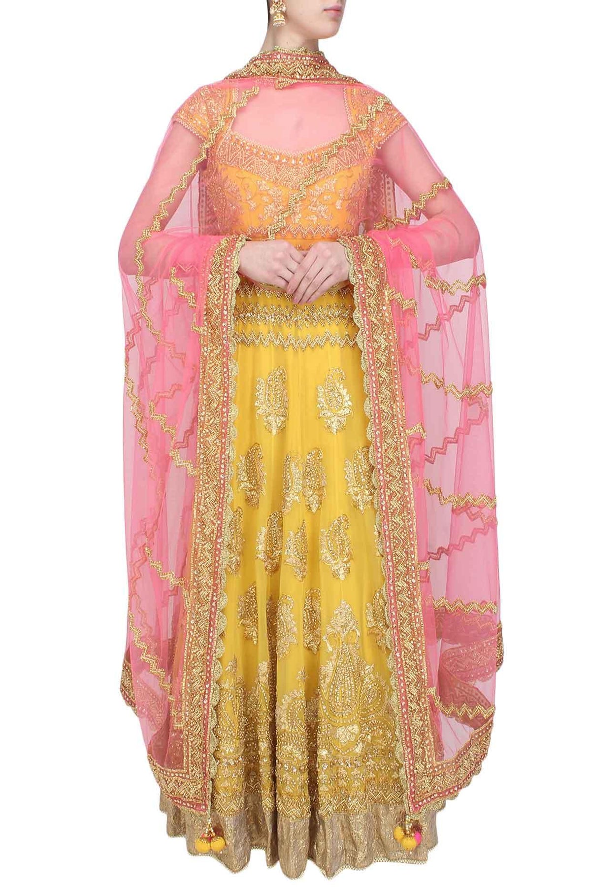 Yellow Gota Patti And Beads Embroidered Anarkali Set - Preeti s kapoor