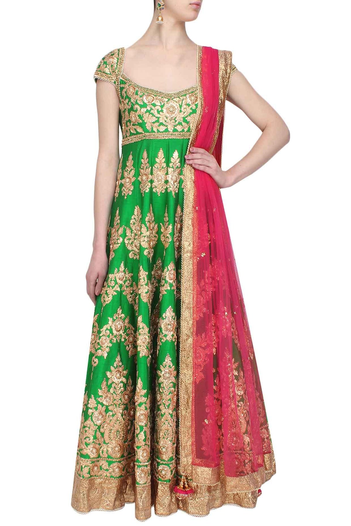 Green Gota Patti Embroidered Floral Motifs Anarkali Set - Preeti s kapoor