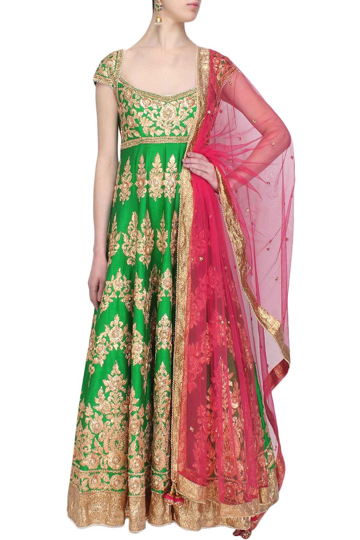 Green Gota Patti Embroidered Floral Motifs Anarkali Set - Preeti s kapoor