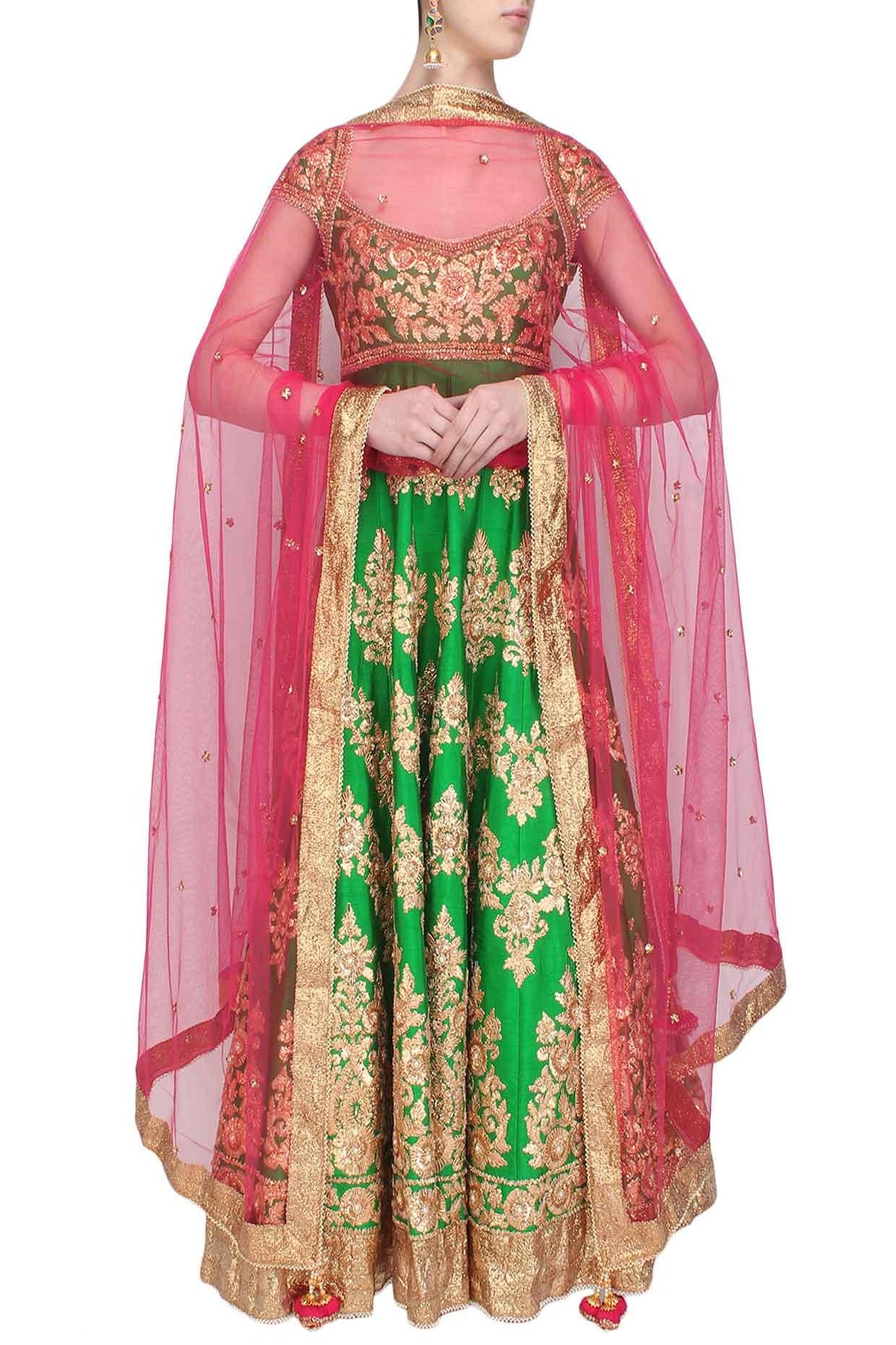 Green Gota Patti Embroidered Floral Motifs Anarkali Set - Preeti s kapoor