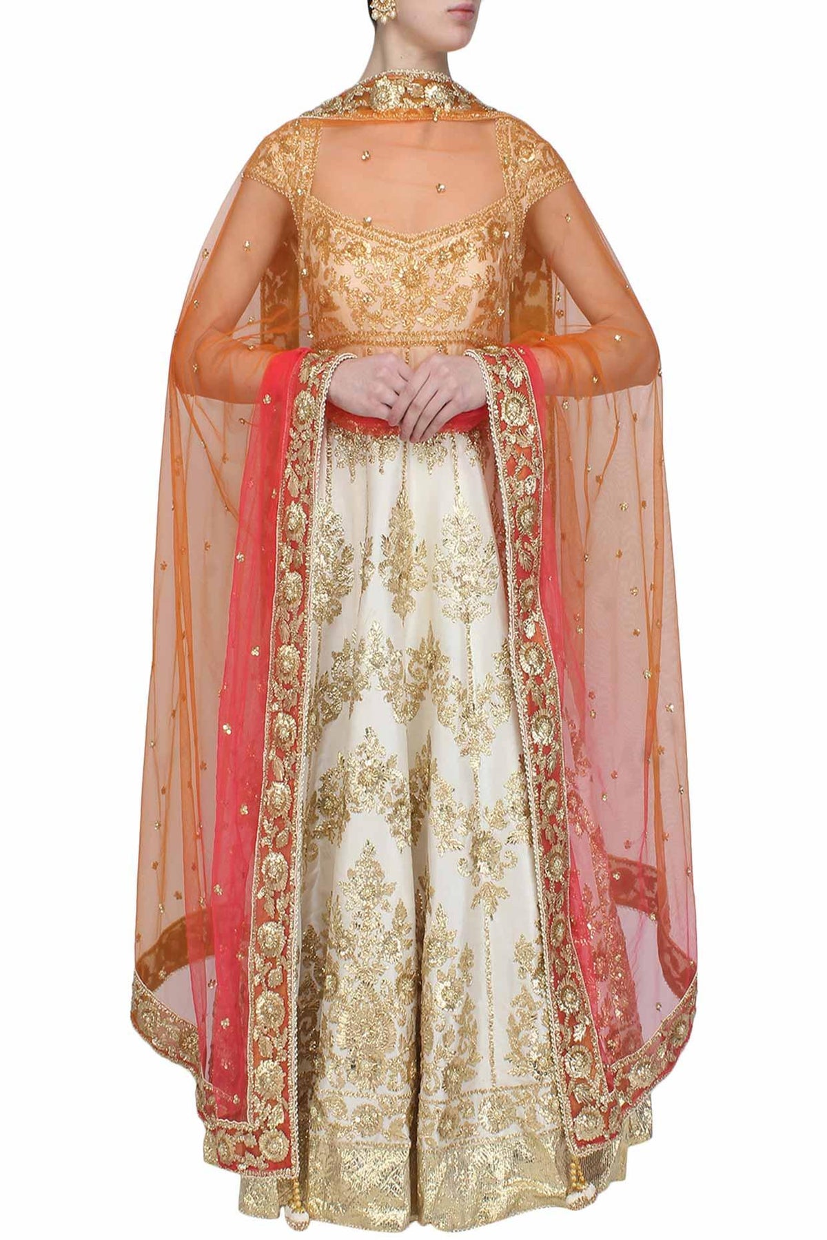 Off White Gota Patti Embroidered Floral Motifs Anarkali Set - Preeti s kapoor