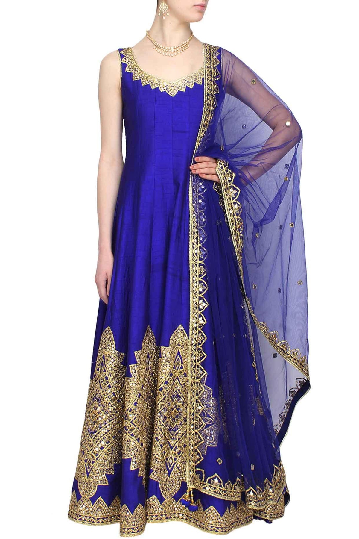 Blue Mirror Work And Gota Patti Embroidered Anarkali Set