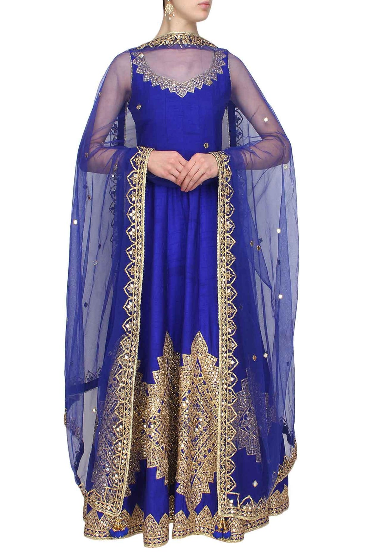 Blue Mirror Work And Gota Patti Embroidered Anarkali Set - Preeti s kapoor